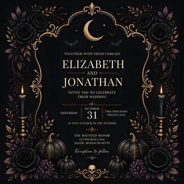Spooky Halloween Wedding RSVP Poster Template with Dark Floral Border and Crescent Moon
