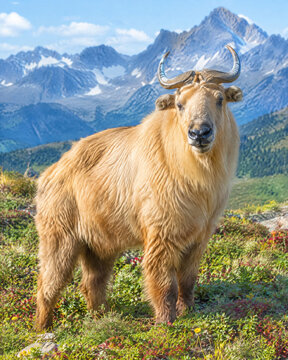 Golden Takin Standing in a Colorful Alpine Meadow
