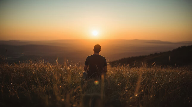 Person watching sunset over grassy hillside, expressing solitude and longing