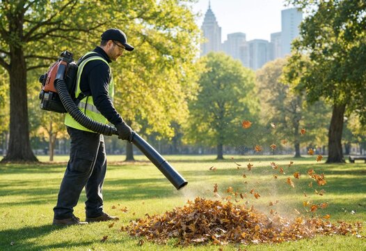 Man wearing high visibility vest operates backpack leaf blower while clearing autumn leaves and debris from grass in an urban park during seasonal maintenance.