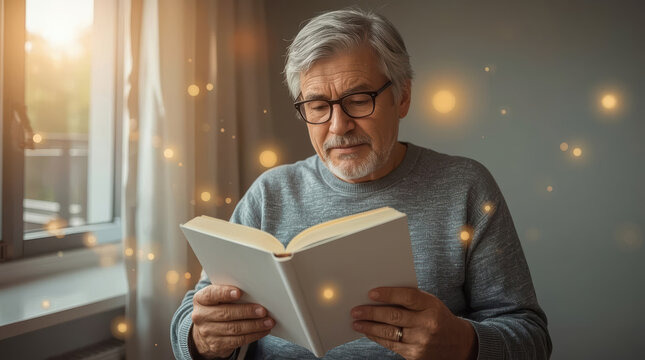 Older man reading book with focused expression in warm indoor light
