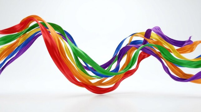A colorful ribbon of various colors, including rainbow colors, is flowing and waving against a white background.