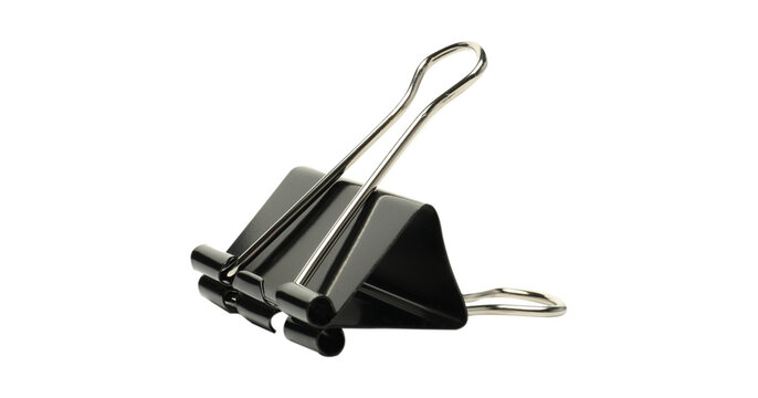 Single Medium Black Metal Foldback Binder Clip Standing Diagonal Angle Perspective Isolated on White Background