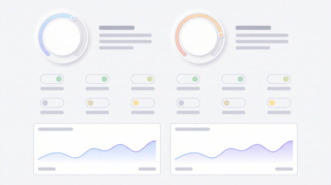 A clean light mode smart home interface provides elegant control widgets and wave charts. This textless skeleton dashboard utilizes a soft neumorphic aesthetic to create a pristine user experience.