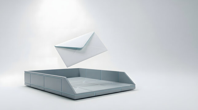 Floating envelope above a modern gray inbox tray in minimalist setting