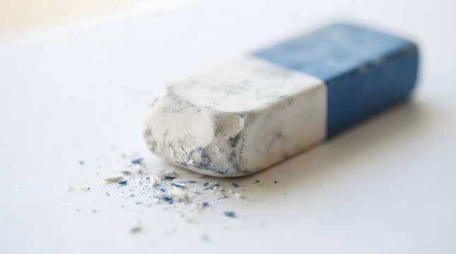 Close-up of a used blue and white eraser on paper