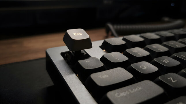 Close-up of a mechanical keyboard with detached escape key