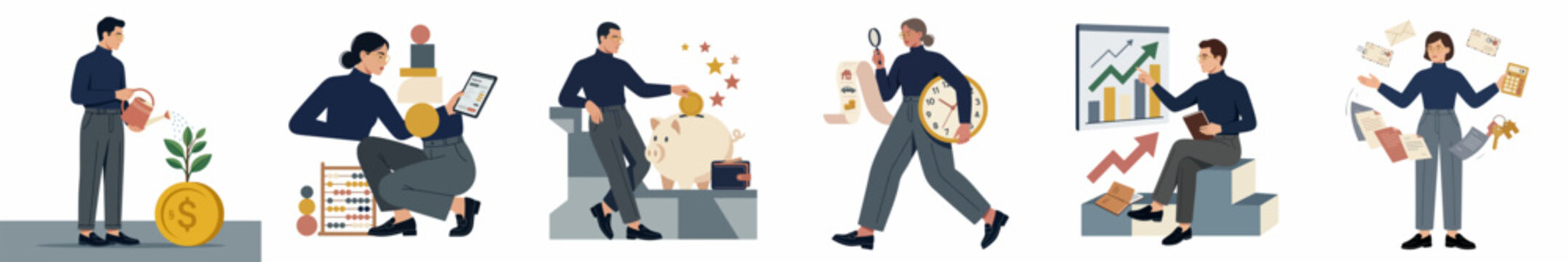 Flat vector illustrations of people managing finances, investing, saving money, analyzing data, and achieving business growth on a white background.