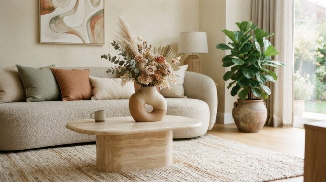 A cozy living room with a beige sofa, a potted plant, and a coffee table with a vase of dried flowers and a cup.