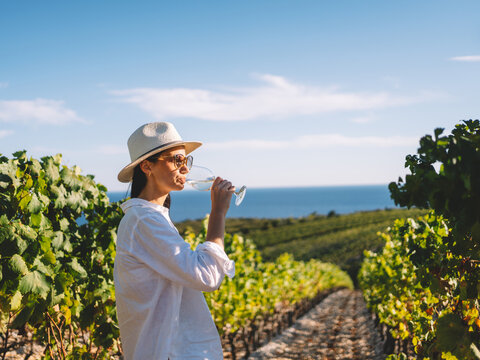 Woman tasting wine from a glass while standing in a sunny vineyard