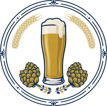 Beer glass with hops, barley, and decorative elements in circle.