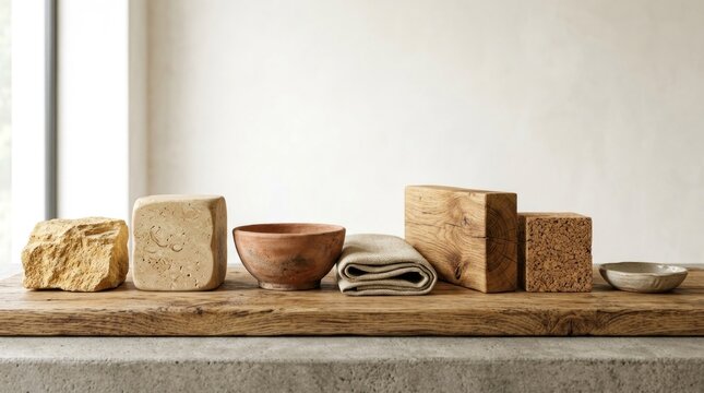 A collection of natural stone and wood objects arranged on a wooden surface with a neutral background.
