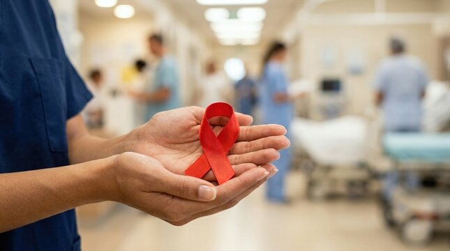 A healthcare worker cupping hands to hold a red ribbon symbolizing World AIDS Day awareness in a hospital corridor. Medical staff support and HIV prevention campaign in a clinical environment.