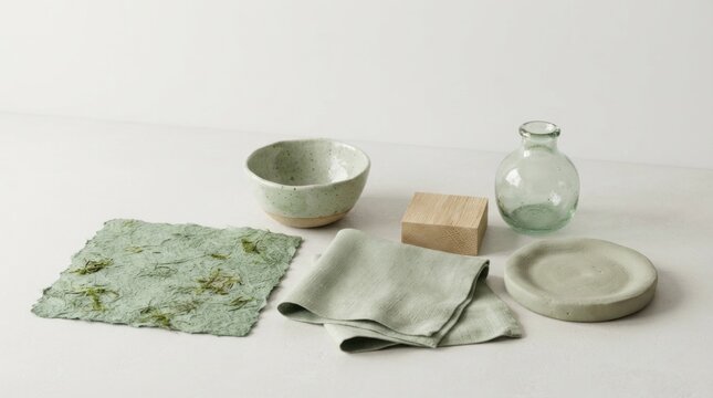 A collection of green and white ceramic items, including a bowl, vase, and plate, arranged on a white surface with a green patterned cloth and a wooden block.