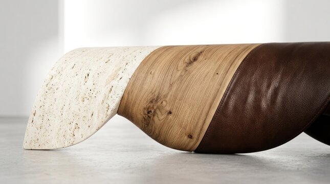 A modern, abstract bench with a curved, organic shape made from a combination of wood, leather, and stone materials.