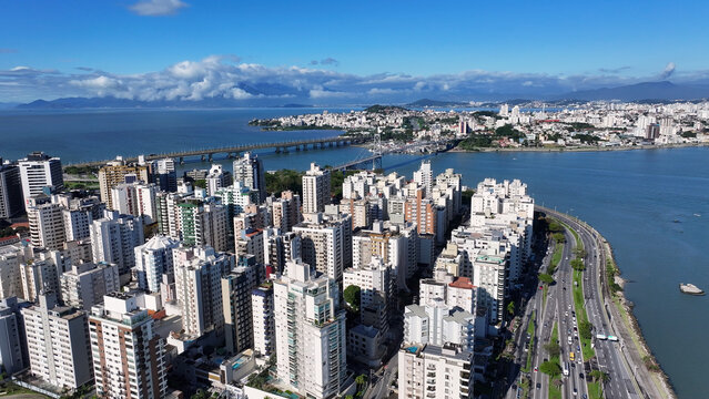 Florianopolis Skyline At Florianopolis In Santa Catarina Brazil. City Scene. Traffic Downtown. Cityscape Landscape. Florianopolis Skyline At Florianopolis In Santa Catarina Brazil. Landmark Buildings.