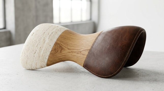 A wooden and leather saddle with a stone base, placed on a concrete surface with a window in the background.