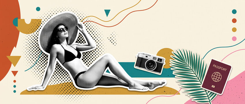 Retro collage Summer vacation social media cover website header deign with young woman in bikini and sun hat relaxing on beach, vintage camera and passport, abstract lines and shapes  with copy space