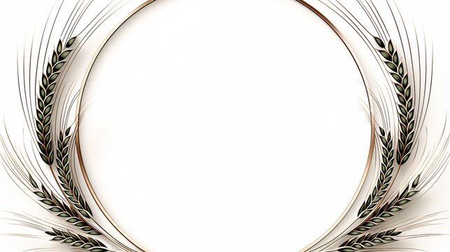 Elegant circular wheat wreath frame with gold ring and green grain ears on white background, minimal organic design for home decor, gallery wall, social media