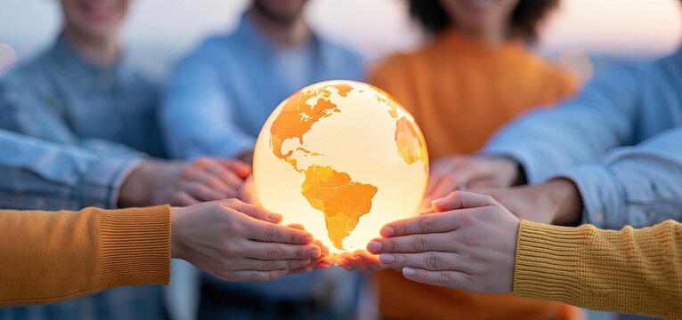 People from various backgrounds join hands around an illuminated globe, representing global unity and cultural respect.