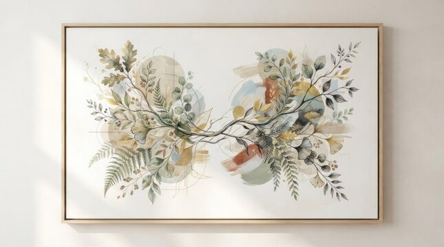 A framed abstract painting with a natural theme, featuring a mix of green and brown leaves and branches, set against a white background with a soft, golden frame.