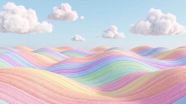 Pastel rainbow fabric hills under a blue sky with fluffy white clouds