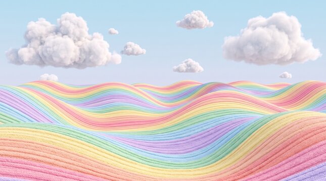 Abstract rolling hills made of pastel colored fabric textures under a clear blue sky