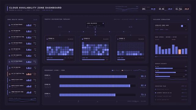 Digital cloud computing dashboard displaying server availability zones