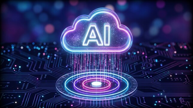 Neon artificial intelligence cloud icon hovering above a digital circuit board