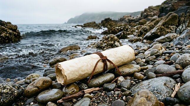 Rolled Parchment Scroll on Rocky Ocean Shoreline