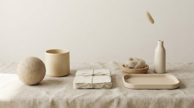 A minimalist still life arrangement featuring a ceramic vase, a round stone, 