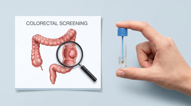 Colorectal Cancer Screening Concept with Colon Anatomy, Polyp Detection and Laboratory Test