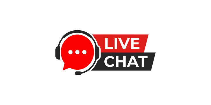 Red live chat icon with headset and modern typography for customer support services.