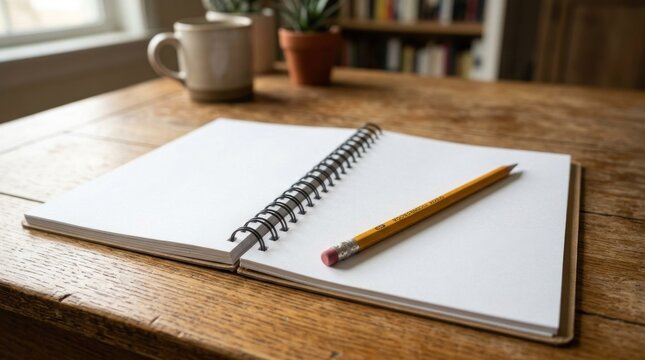 A blank spiral notebook with a pencil on a wooden table, a coffee mug, and a potted plant in the background.