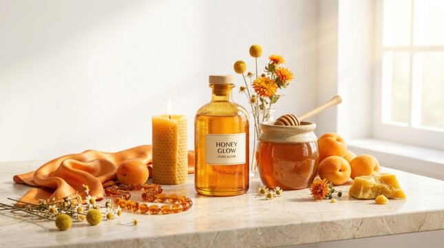 A glass bottle of honey with a wooden honey dipper, surrounded by fresh apricots, a candle, and a decorative arrangement of flowers and leaves on a marble countertop.