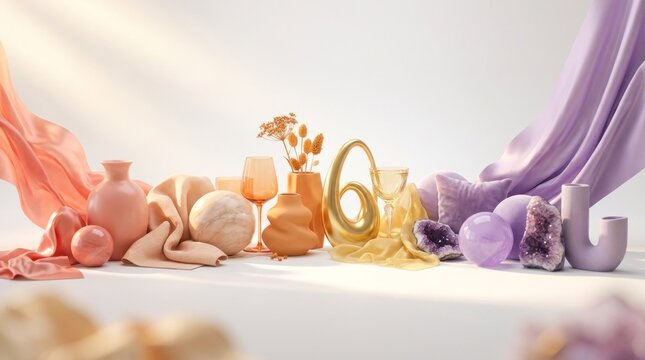A colorful arrangement of pastel-colored vases, glassware, and decorative elements on a white surface with soft, diffused lighting, creating a serene and elegant setting.