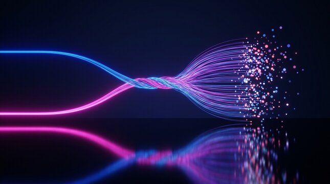 Blue and pink fiber optic data streams connecting and dispersing into glowing particles on black