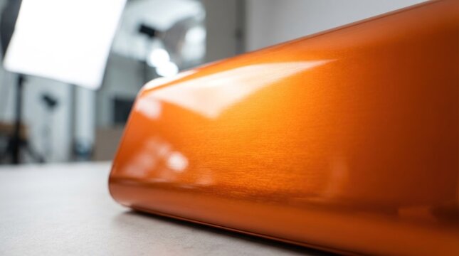A close-up of a shiny orange metallic surface with a smooth, reflective texture, likely a part of a car or a piece of machinery, with a blurred background suggesting a studio setting.