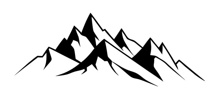 Black mountain range silhouette isolated on white background. Rocky peak icon with snow cap outline in flat design style. Alpine landscape element for logo, travel, and adventure templates.