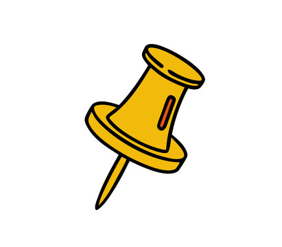 Yellow pushpin icon isolated on white background. Cartoon thumbtack with bold outline in flat design style. Office stationery element for map, note, and bulletin board templates.