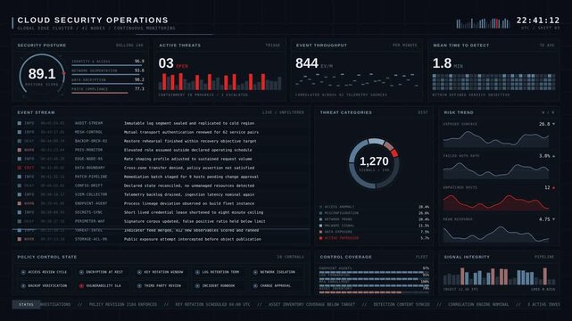 Cybersecurity analyst monitoring cloud network data on digital screens