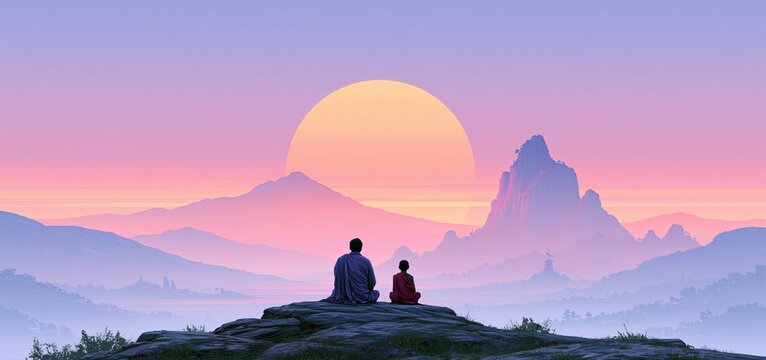 A spiritual mentor leads a devoted follower in a tranquil mountain valley at sunrise, reflecting peace and wisdom.