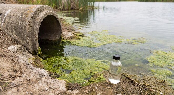 green algae collects beside pond drainage inlet and sampling bottle to illustrate runoff monitoring, freshwater quality investigation, and ecosystem protection