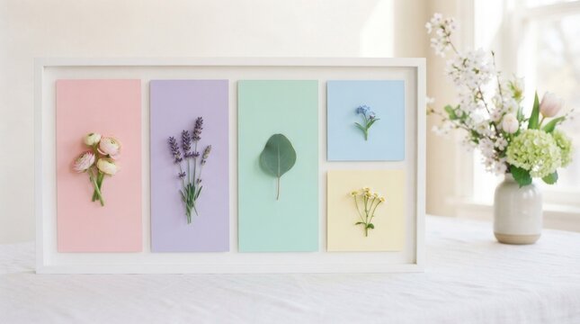 A colorful framed picture with pastel-colored paper and dried flowers, placed on a white tablecloth with a vase of white flowers in the background.