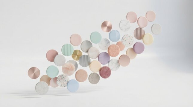 A colorful array of circular objects, including pastel-colored circles, metallic circles, and abstract shapes, arranged in a dynamic, flowing pattern against a plain white background.