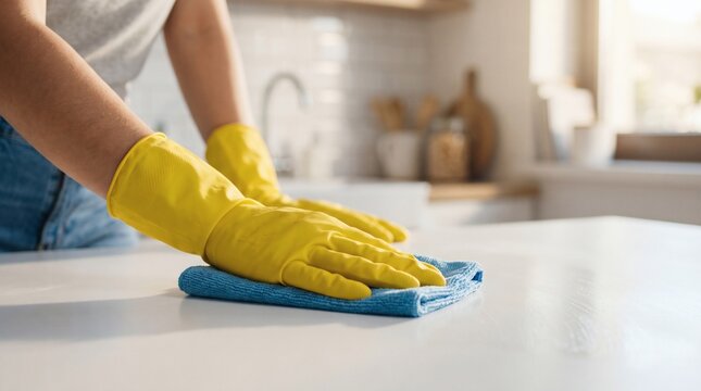 Person hands in yellow rubber cleaning gloves wiping white kitchen countertop with microfiber cloth. Domestic cleaner disinfecting cooking surfaces to maintain sanitary hygiene in home.