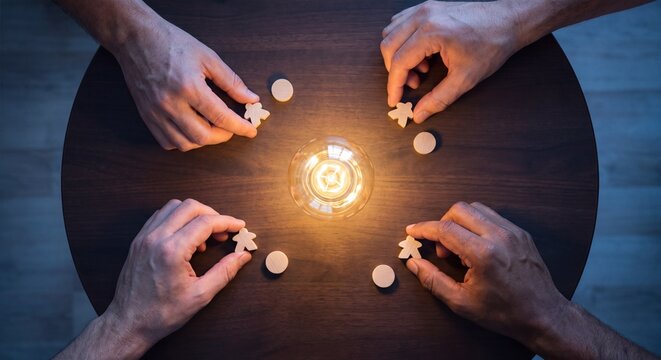 team hands gather tokens around illuminated bulb to contribute campaign ideas, coordinate creative input, and develop shared marketing direction