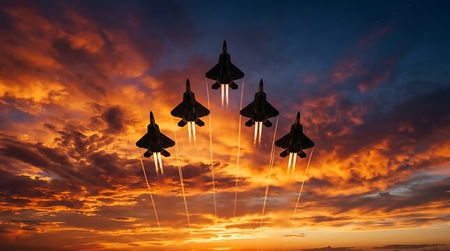 Five fighter jets flying in formation at sunset