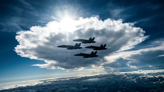 Four fighter jets flying in formation through clouds
