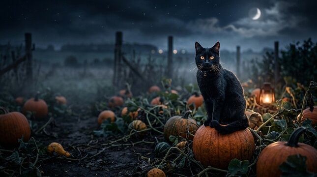 Amber eyed black cat sitting among pumpkins in moonlit patch